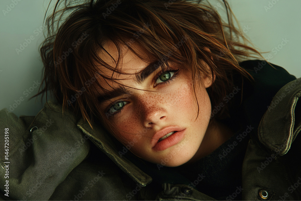 a young woman with expressive green eyes and a thoughtful expression, relaxed, almost melancholic expression. Her skin appears smooth with a light dusting of freckles. Her green eyes are prominent