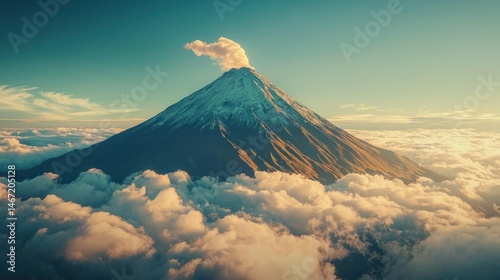 Majestic volcano piercing through clouds at sunrise.  A towering peak, capped with snow and smoke, rises above a sea of clouds, bathed in the golden light of dawn