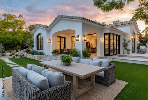the backyard with lush green grass, large patio area with wicker furniture and an outdoor dining table, modern home in los angeles