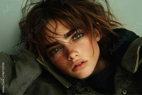 Obraz na płótnie a young woman with expressive green eyes and a thoughtful expression, relaxed, almost melancholic expression. Her skin appears smooth with a light dusting of freckles. Her green eyes are prominent w salonie