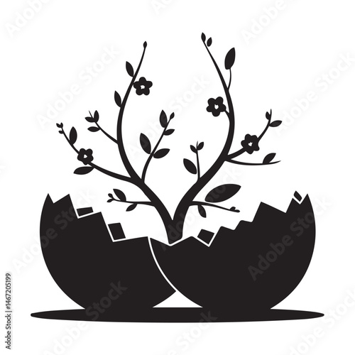  cracked eggs with blooming branches on, symbolizing rebirth and growth Vector Black silhouette. with white background