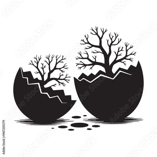  cracked eggs with blooming branches on, symbolizing rebirth and growth Vector Black silhouette. with white background