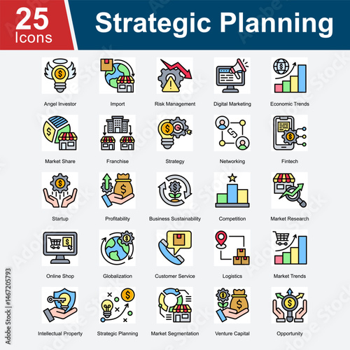 Strategic Planning is a collection of icons highlighting key elements in business strategy, including investment, risk, competition, growth, marketing, and long-term vision for success. 