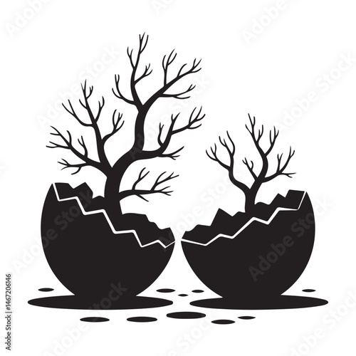 cracked eggs with blooming branches on, symbolizing rebirth and growth Vector Black silhouette. with white background