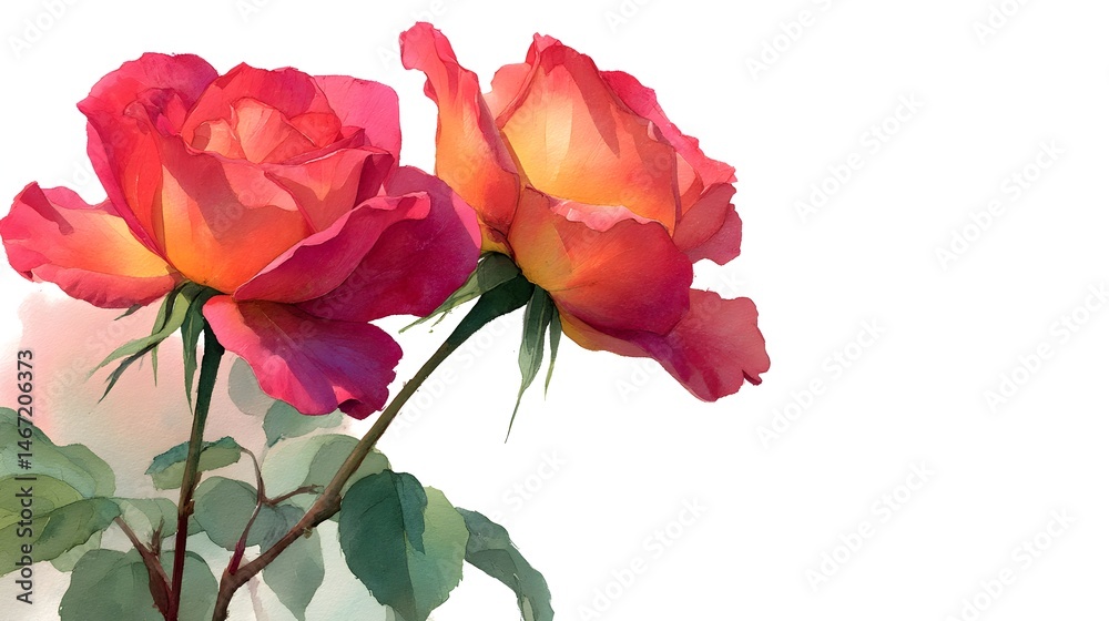 Fototapeta premium Two vibrant orange and red roses bloom beautifully together on a white background in a watercolor painting style.