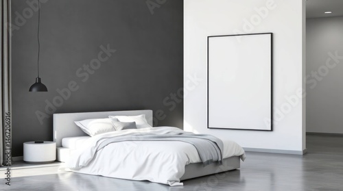 Minimalist bedroom with gray wall, white bedding, large framed canvas, and polished concrete floor