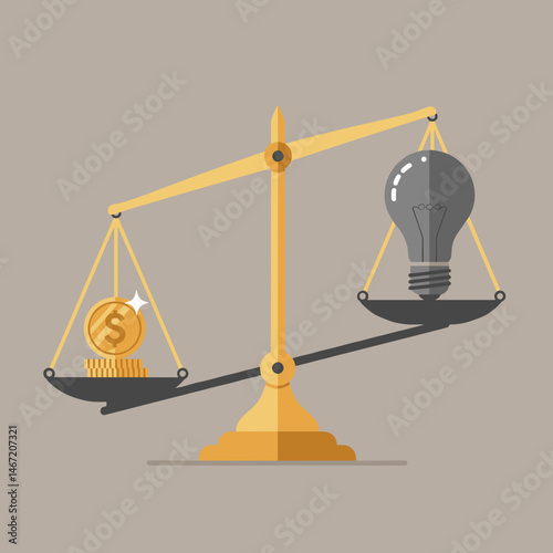 Scale balancing coins and a light bulb representing value and investment on a neutral background
