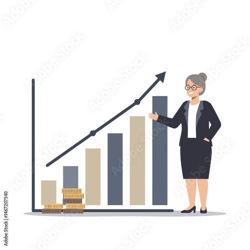 Senior businesswoman presenting a financial growth graph next to stacks of coins on a white background