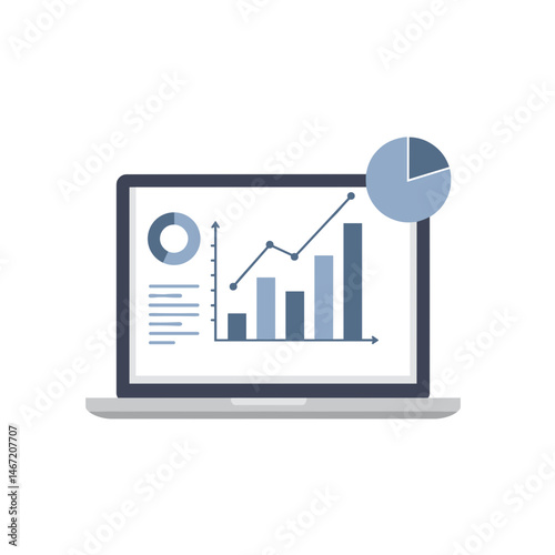 Laptop displaying financial growth charts and pie chart on a white background