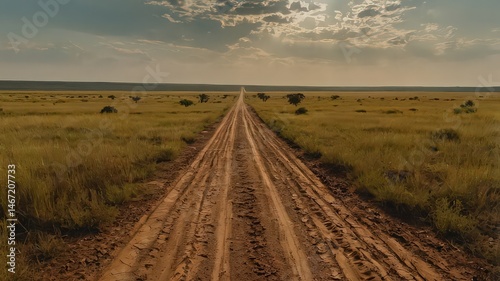 A long dirt road stretches through a grassy plain under a cloudy sky in the african savanna landscape photo