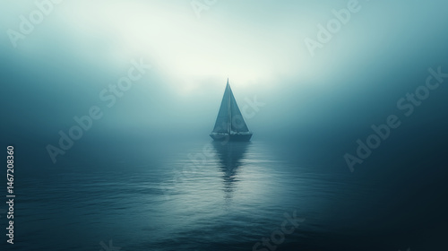 Sailboat silhouette floating in misty foggy sea at dawn, solitude and tranquility nautical concept