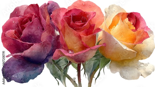 Three vibrant roses with dew drops showcasing a gradient of rich red orange yellow and purple hues blossom beautifully.