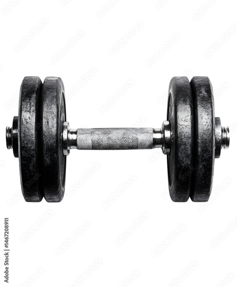 Naklejka premium A close-up shot showcases a well-worn, heavy dumbbell, highlighting its essential role in strength training and fitness.