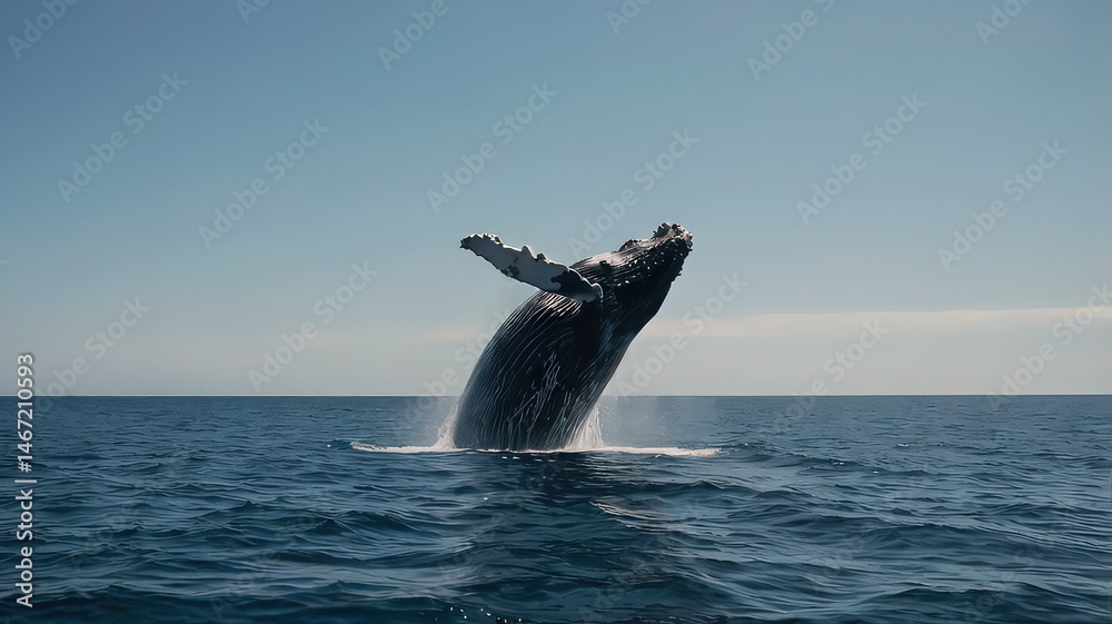 Fototapeta premium A humpback whale breaching the ocean surface with a clear blue sky in the background on a sunny day
