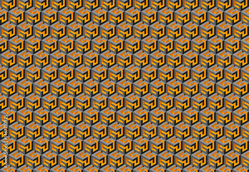 Intricate geometric pattern featuring repeating cubes in shades of orange and gray.  Creates a dynamic, almost threedimensional effect, perfect for backgrounds, textiles, or website design.