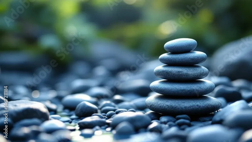 Stack of blue zen stones by the water