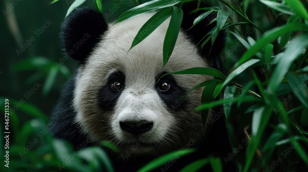 Fototapeta premium Giant panda peeking out from behind bamboo stalks, shy expression, 300mm lens isolating subject from forest backdrop