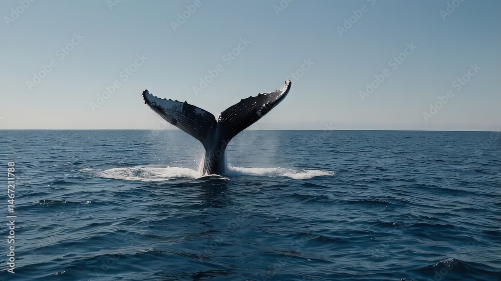 Fototapeta premium A whale tail emerging from the ocean with a clear sky and rippling blue water on a sunny day scene