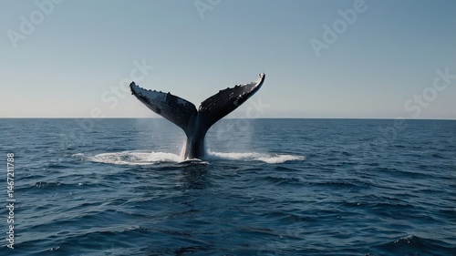 A whale tail emerging from the ocean with a clear sky and rippling blue water on a sunny day scene