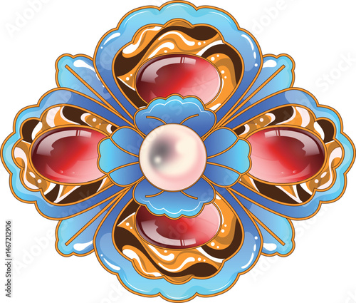 A piece of jewelry made of rubies and a pink pearl