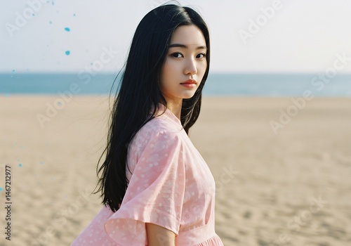 Femme plage rose douce lumiere naturelle