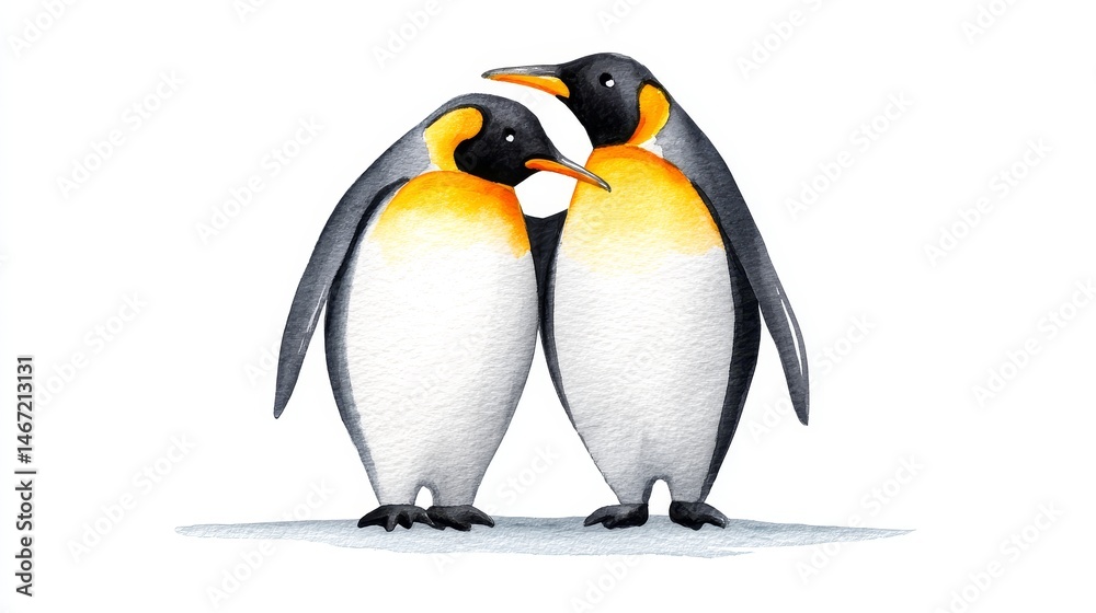 Fototapeta premium Two Penguins Embracing - Watercolor painting of two penguins standing close together, appearing to embrace. Simple, charming illustration