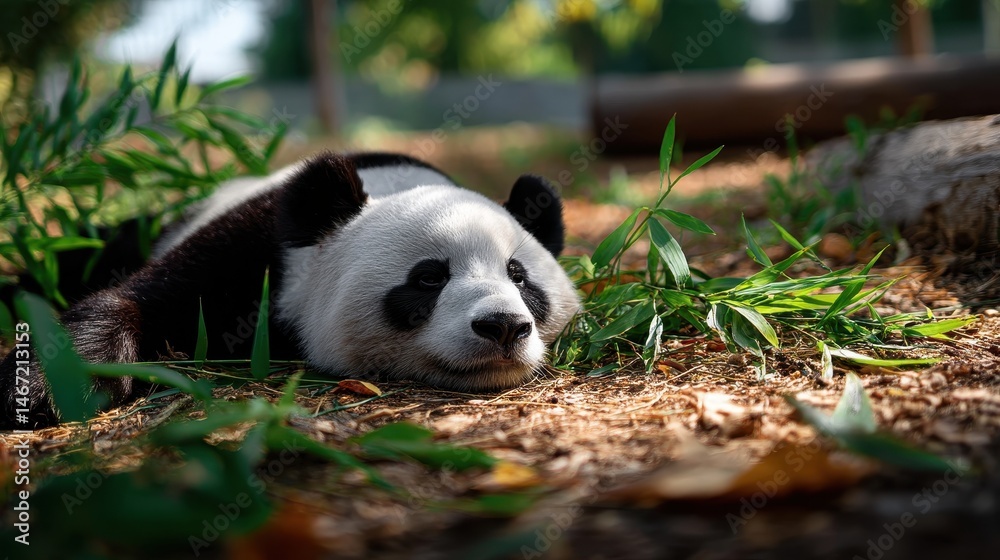 Fototapeta premium Panda walking slowly through dense underbrush, focused foreground with blurred layers of leaves in back
