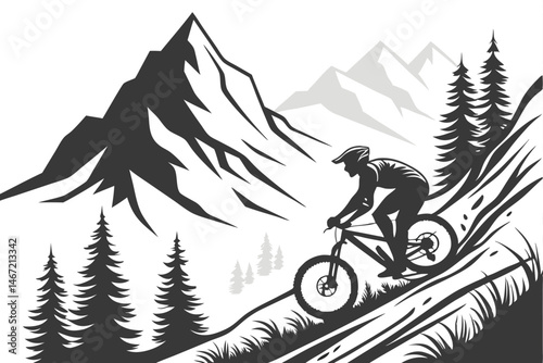 143 Mountain biking action, silhouette cyclist, downhill racing, rugged terrain, majestic mountain peak, pine trees, dramatic black and white illustration, dynamic pose, extreme sports, outdoor advent