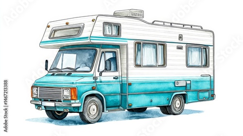 Vintage Campervan Travel Adventure - Retro teal and white campervan, perfect for road trip adventures. Ideal for travel, vacation, and freedom imagery