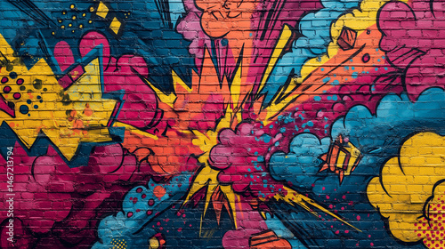 Pop art comic street graffiti with colorful cloud on a brick wall. Fantastic poster background.