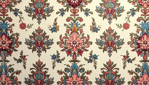 Intricate floral damask pattern in muted tones, flowers, luxury