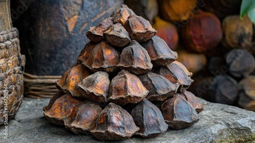 Dried, stacked, brown nuts. 