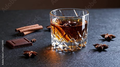 Cinematic pouring whiskey with spices and chocolate on textured surface