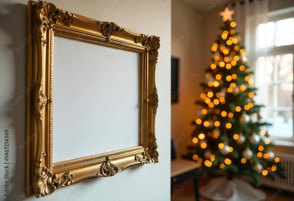 An empty frame hangs on a wall, with a blurred Christmas tree and other room elements in the background, a home Christmas tree is displayed, and a house is decorated with Christmas lights.