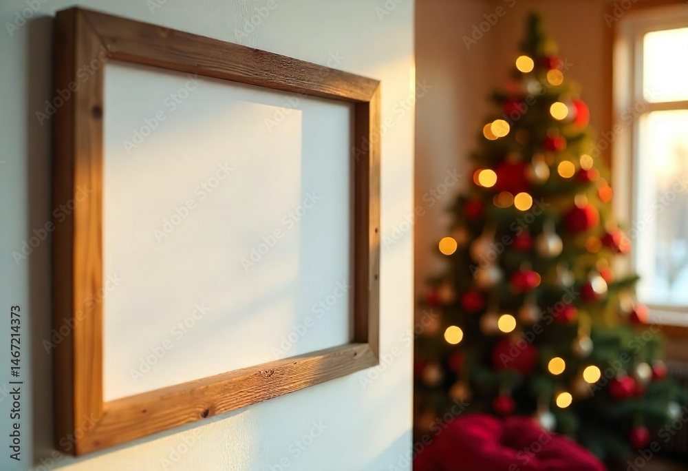 An empty frame hangs on a wall, with a blurred Christmas tree and other room elements in the background, a home Christmas tree is displayed, and a house is decorated with Christmas lights.