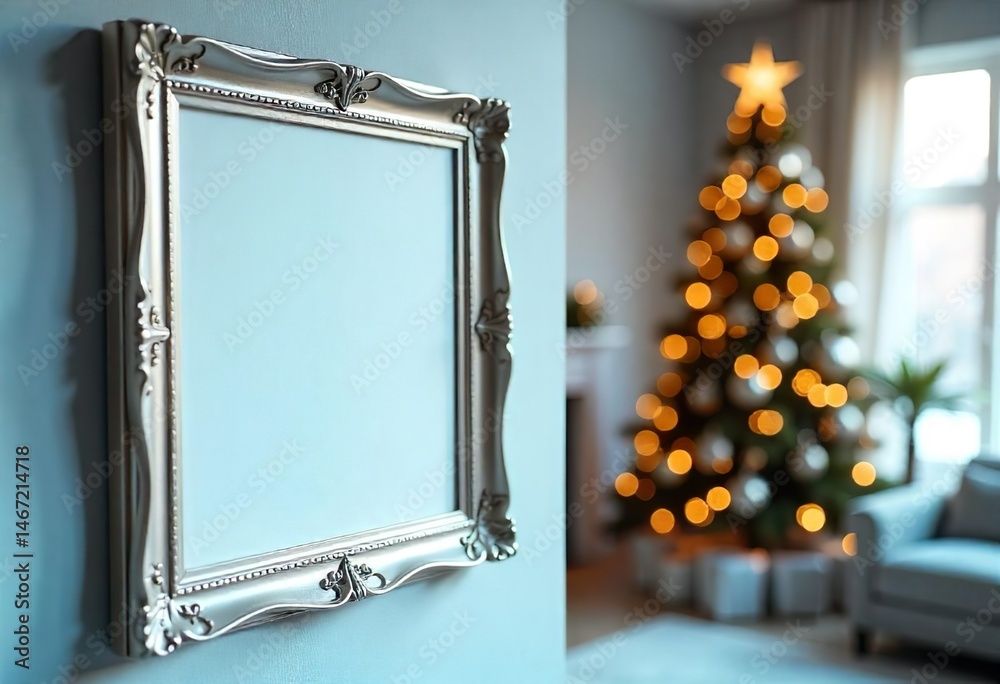 An empty frame hangs on a wall, with a blurred Christmas tree and other room elements in the background, a home Christmas tree is displayed, and a house is decorated with Christmas lights.
