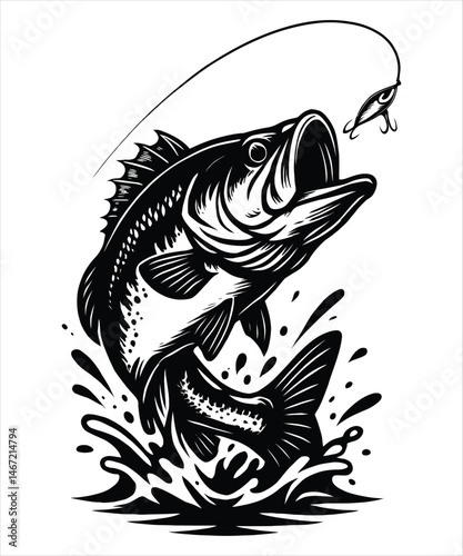 Powerful Bass Fish Jumping Out of Water with Fishing Hook