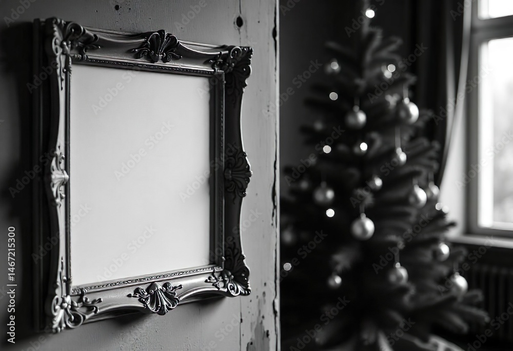 An empty frame hangs on a wall, with a blurred Christmas tree and other room elements in the background, a home Christmas tree is displayed, and a house is decorated with Christmas lights.