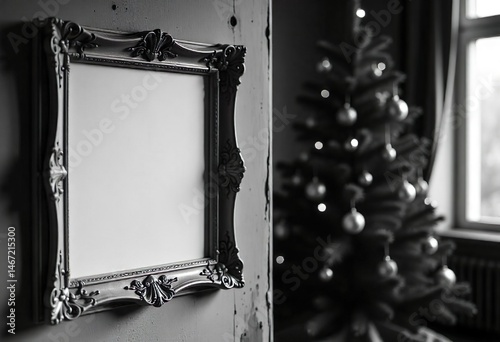 Obraz na płótnie An empty frame hangs on a wall, with a blurred Christmas tree and other room elements in the background, a home Christmas tree is displayed, and a house is decorated with Christmas lights. w salonie