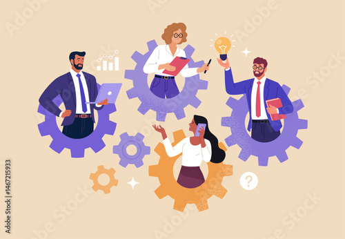 Business Teamwork Concept. Vector illustration in flat style of a mechanism consisting of gears and diverse business people performing various tasks. Isolated on background.