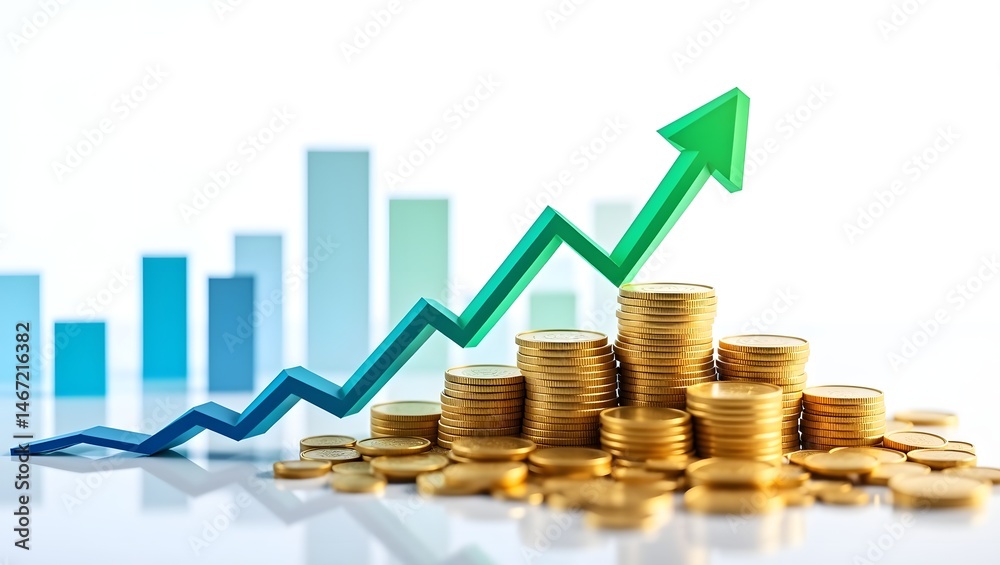 depicting financial growth with stacks of gold coins and a rising graph arrow, indicating prosperity and success. The image reflects the concept of financial growth and profitability. depicting financial growth with stacks of gold coins and a rising graph arrow, indicating prosperity and success. The image reflects the concept of financial growth and profitability.