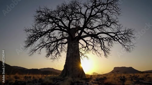 Majestic tree silhouette against golden sunset in serene desert landscape