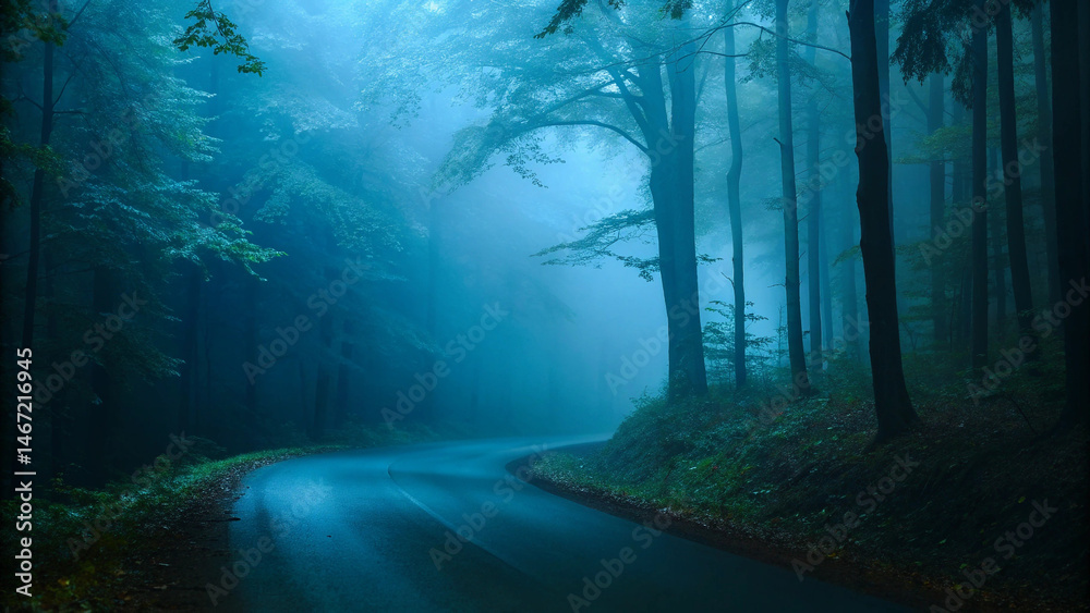 Obraz premium Enchanted Path: Twisting Road in a Misty Blue Forest Under Night Sky