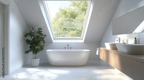 Modern, bright attic bathroom with a large skylight