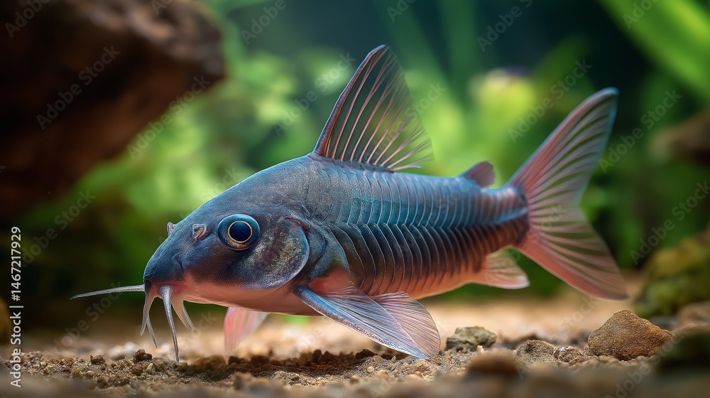 Elegant Corydoras Catfish in Underwater Habitat: Captured in perfect clarity, a close-up of a stunning corydoras catfish. Elegant Corydoras Catfish in Underwater Habitat: Captured in perfect clarity, a close-up of a stunning corydoras catfish.