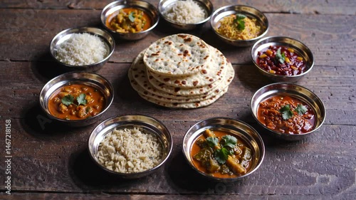 Rotating indian thali display with various dishes on wooden table