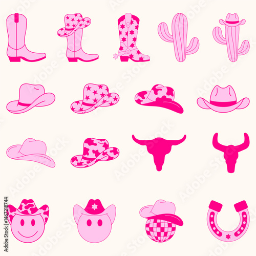 Set of Cowgirl Icons. Collection Babges. Vector Design Elements. Wild West, Western Themed, Y2K.