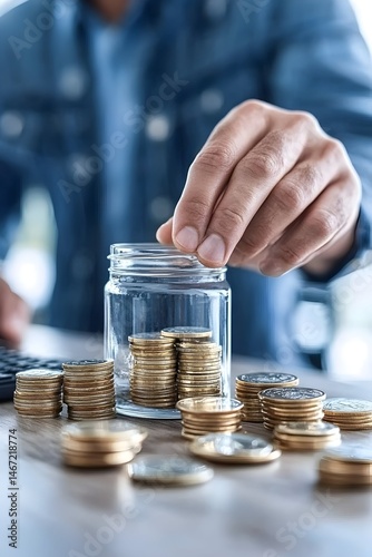 A person adds coins to a glass jar filled with stacks of coins, signifying saving and financial planning