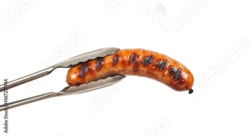 Grilled sausage being held by tongs on a white background  