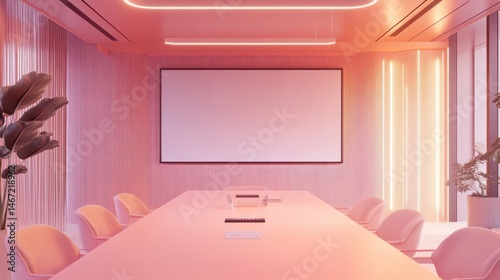 Pink modern conference room with blank screen and long table.